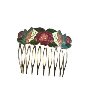 Cloisonne Floral Hair Comb Barrette Green Red Butterfly Spring Party